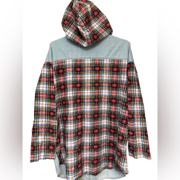 Vintage US Boys Women’s Plaid Sleeve Denim Hoodie - Picture 2 of 9